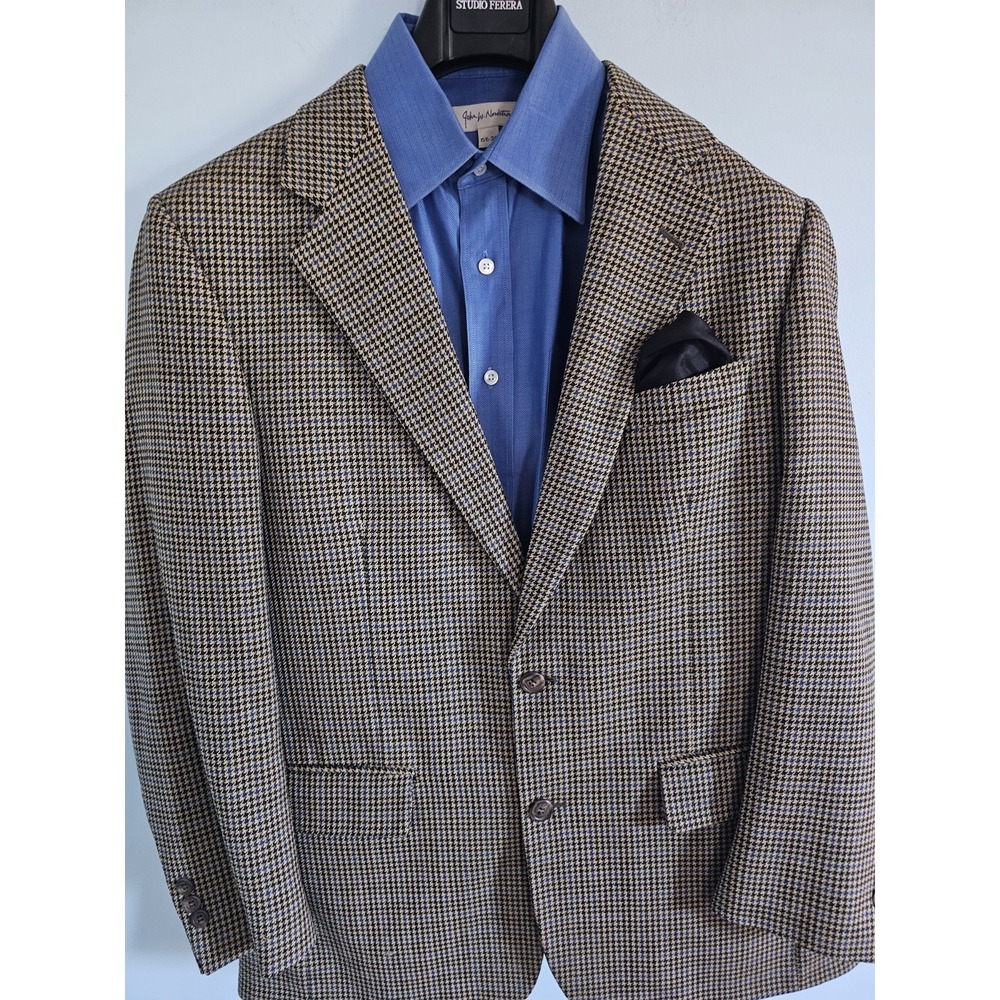 Brooks Brothers Blazer Jacket Wool Houndstooth Tan Blue - Picture 1 of 4